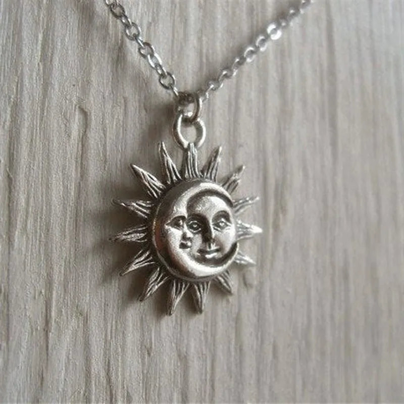 Ancient Silver Sun & Moon Pendant Necklace