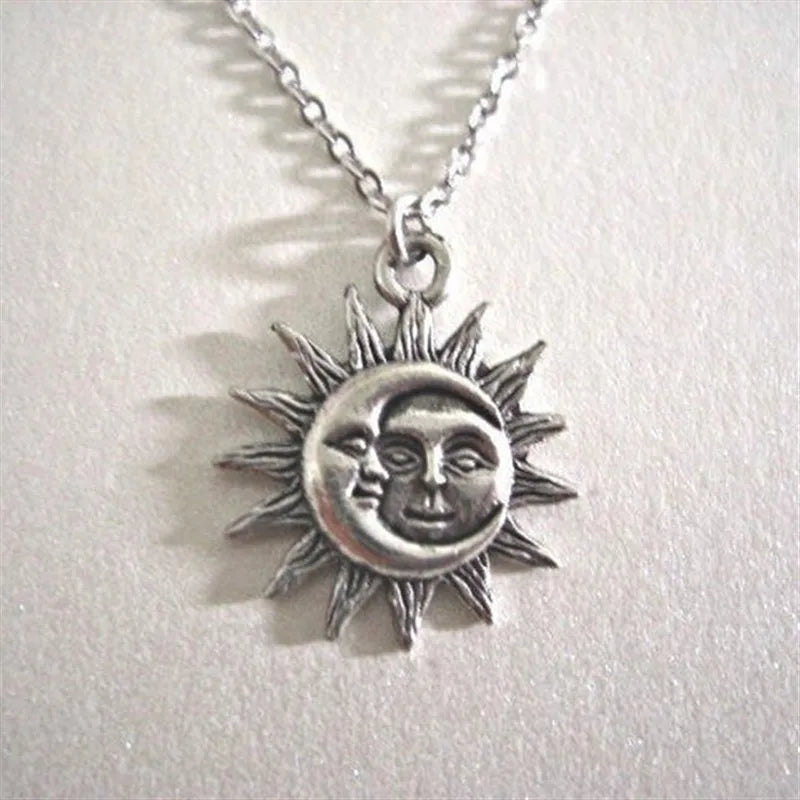 Ancient Silver Sun & Moon Pendant Necklace