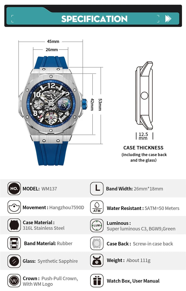 Welly Merck WM137M Skeleton Mechanical Watch
