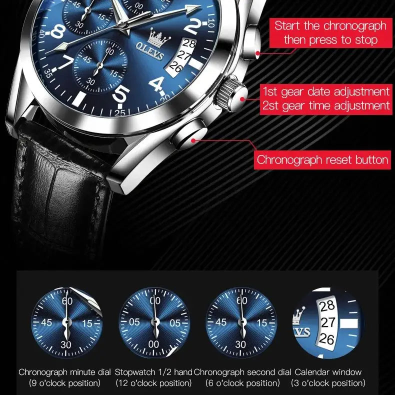 OLEVS 2878 Leather Chronograph Watch