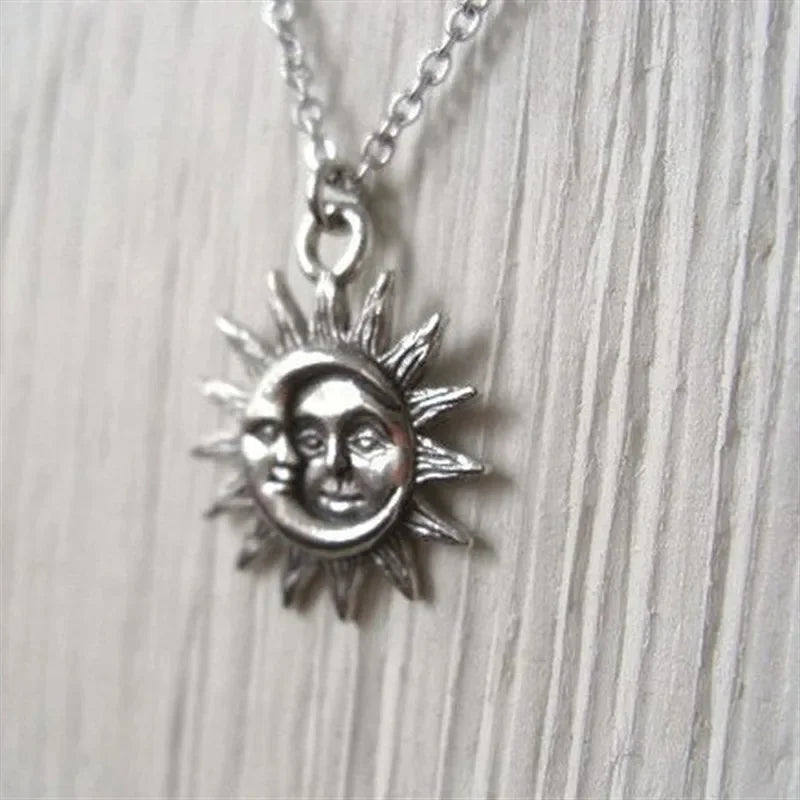 Ancient Silver Sun & Moon Pendant Necklace
